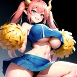 1girl Absurdres Blue Skirt Bluefrok Breasts Cheerleader Dragon Girl Dragon Horns Highres Holding Holding Pom Poms Horns Huge Bre, 1184006613
