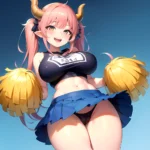 1girl Absurdres Blue Skirt Bluefrok Breasts Cheerleader Dragon Girl Dragon Horns Highres Holding Holding Pom Poms Horns Huge Bre, 1291951229