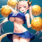 1girl Absurdres Blue Skirt Bluefrok Breasts Cheerleader Dragon Girl Dragon Horns Highres Holding Holding Pom Poms Horns Huge Bre, 1442017136