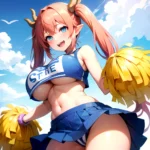1girl Absurdres Blue Skirt Bluefrok Breasts Cheerleader Dragon Girl Dragon Horns Highres Holding Holding Pom Poms Horns Huge Bre, 1444714248