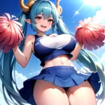 1girl Absurdres Blue Skirt Bluefrok Breasts Cheerleader Dragon Girl Dragon Horns Highres Holding Holding Pom Poms Horns Huge Bre, 1465235391