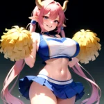 1girl Absurdres Blue Skirt Bluefrok Breasts Cheerleader Dragon Girl Dragon Horns Highres Holding Holding Pom Poms Horns Huge Bre, 1613527980