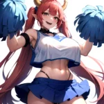 1girl Absurdres Blue Skirt Bluefrok Breasts Cheerleader Dragon Girl Dragon Horns Highres Holding Holding Pom Poms Horns Huge Bre, 1697215969