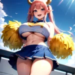 1girl Absurdres Blue Skirt Bluefrok Breasts Cheerleader Dragon Girl Dragon Horns Highres Holding Holding Pom Poms Horns Huge Bre, 1709418978