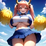 1girl Absurdres Blue Skirt Bluefrok Breasts Cheerleader Dragon Girl Dragon Horns Highres Holding Holding Pom Poms Horns Huge Bre, 1792603425