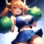 1girl Absurdres Blue Skirt Bluefrok Breasts Cheerleader Dragon Girl Dragon Horns Highres Holding Holding Pom Poms Horns Huge Bre, 1912696125