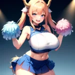 1girl Absurdres Blue Skirt Bluefrok Breasts Cheerleader Dragon Girl Dragon Horns Highres Holding Holding Pom Poms Horns Huge Bre, 2152999858