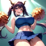 1girl Absurdres Blue Skirt Bluefrok Breasts Cheerleader Dragon Girl Dragon Horns Highres Holding Holding Pom Poms Horns Huge Bre, 2297757845