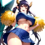 1girl Absurdres Blue Skirt Bluefrok Breasts Cheerleader Dragon Girl Dragon Horns Highres Holding Holding Pom Poms Horns Huge Bre, 2411256110