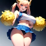 1girl Absurdres Blue Skirt Bluefrok Breasts Cheerleader Dragon Girl Dragon Horns Highres Holding Holding Pom Poms Horns Huge Bre, 2537264112