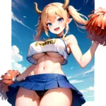 1girl Absurdres Blue Skirt Bluefrok Breasts Cheerleader Dragon Girl Dragon Horns Highres Holding Holding Pom Poms Horns Huge Bre, 2548557532