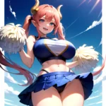 1girl Absurdres Blue Skirt Bluefrok Breasts Cheerleader Dragon Girl Dragon Horns Highres Holding Holding Pom Poms Horns Huge Bre, 2579927541