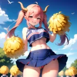 1girl Absurdres Blue Skirt Bluefrok Breasts Cheerleader Dragon Girl Dragon Horns Highres Holding Holding Pom Poms Horns Huge Bre, 2675951540
