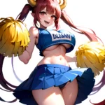 1girl Absurdres Blue Skirt Bluefrok Breasts Cheerleader Dragon Girl Dragon Horns Highres Holding Holding Pom Poms Horns Huge Bre, 2679602335