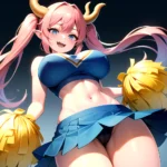 1girl Absurdres Blue Skirt Bluefrok Breasts Cheerleader Dragon Girl Dragon Horns Highres Holding Holding Pom Poms Horns Huge Bre, 2740384075