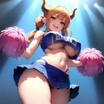 1girl Absurdres Blue Skirt Bluefrok Breasts Cheerleader Dragon Girl Dragon Horns Highres Holding Holding Pom Poms Horns Huge Bre, 2797863240