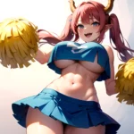1girl Absurdres Blue Skirt Bluefrok Breasts Cheerleader Dragon Girl Dragon Horns Highres Holding Holding Pom Poms Horns Huge Bre, 2929844089