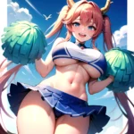 1girl Absurdres Blue Skirt Bluefrok Breasts Cheerleader Dragon Girl Dragon Horns Highres Holding Holding Pom Poms Horns Huge Bre, 2982774226