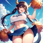 1girl Absurdres Blue Skirt Bluefrok Breasts Cheerleader Dragon Girl Dragon Horns Highres Holding Holding Pom Poms Horns Huge Bre, 3190356582