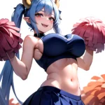 1girl Absurdres Blue Skirt Bluefrok Breasts Cheerleader Dragon Girl Dragon Horns Highres Holding Holding Pom Poms Horns Huge Bre, 3213429971