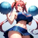 1girl Absurdres Blue Skirt Bluefrok Breasts Cheerleader Dragon Girl Dragon Horns Highres Holding Holding Pom Poms Horns Huge Bre, 328837684