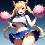 1girl Absurdres Blue Skirt Bluefrok Breasts Cheerleader Dragon Girl Dragon Horns Highres Holding Holding Pom Poms Horns Huge Bre, 3497298337