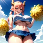 1girl Absurdres Blue Skirt Bluefrok Breasts Cheerleader Dragon Girl Dragon Horns Highres Holding Holding Pom Poms Horns Huge Bre, 3570335814