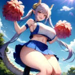 1girl Absurdres Blue Skirt Bluefrok Breasts Cheerleader Dragon Girl Dragon Horns Highres Holding Holding Pom Poms Horns Huge Bre, 3581237483
