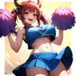 1girl Absurdres Blue Skirt Bluefrok Breasts Cheerleader Dragon Girl Dragon Horns Highres Holding Holding Pom Poms Horns Huge Bre, 3855149575