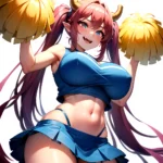 1girl Absurdres Blue Skirt Bluefrok Breasts Cheerleader Dragon Girl Dragon Horns Highres Holding Holding Pom Poms Horns Huge Bre, 3867233701
