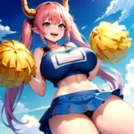 1girl Absurdres Blue Skirt Bluefrok Breasts Cheerleader Dragon Girl Dragon Horns Highres Holding Holding Pom Poms Horns Huge Bre, 4242584865