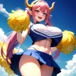 1girl Absurdres Blue Skirt Bluefrok Breasts Cheerleader Dragon Girl Dragon Horns Highres Holding Holding Pom Poms Horns Huge Bre, 461409862