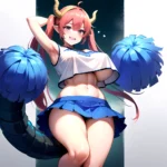 1girl Absurdres Blue Skirt Bluefrok Breasts Cheerleader Dragon Girl Dragon Horns Highres Holding Holding Pom Poms Horns Huge Bre, 73655161