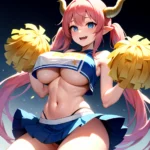 1girl Absurdres Blue Skirt Bluefrok Breasts Cheerleader Dragon Girl Dragon Horns Highres Holding Holding Pom Poms Horns Huge Bre, 759099738