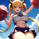1girl Absurdres White Skirt Whitefrok Breasts Cheerleader Dragon Girl Dragon Horns Highres Holding Holding Pom Poms Horns Huge B, 1124475233