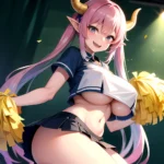 1girl Absurdres White Skirt Whitefrok Breasts Cheerleader Dragon Girl Dragon Horns Highres Holding Holding Pom Poms Horns Huge B, 2048457062