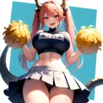 1girl Absurdres White Skirt Whitefrok Breasts Cheerleader Dragon Girl Dragon Horns Highres Holding Holding Pom Poms Horns Huge B, 3508700815