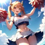 1girl Absurdres White Skirt Whitefrok Breasts Cheerleader Dragon Girl Dragon Horns Highres Holding Holding Pom Poms Horns Huge B, 692388013