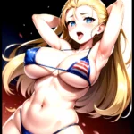 1girl American Flag Bikini Armpits Arms Behind Head Bikini Blonde Hair Blue Eyes Blush Breasts Covered Erect Nipples Flag Print, 1084322719
