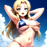 1girl American Flag Bikini Armpits Arms Behind Head Bikini Blonde Hair Blue Eyes Blush Breasts Covered Erect Nipples Flag Print, 1143140471