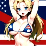 1girl American Flag Bikini Armpits Arms Behind Head Bikini Blonde Hair Blue Eyes Blush Breasts Covered Erect Nipples Flag Print, 133416415