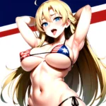 1girl American Flag Bikini Armpits Arms Behind Head Bikini Blonde Hair Blue Eyes Blush Breasts Covered Erect Nipples Flag Print, 1550813045