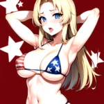 1girl American Flag Bikini Armpits Arms Behind Head Bikini Blonde Hair Blue Eyes Blush Breasts Covered Erect Nipples Flag Print, 1772479734