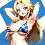 1girl American Flag Bikini Armpits Arms Behind Head Bikini Blonde Hair Blue Eyes Blush Breasts Covered Erect Nipples Flag Print, 2194448547