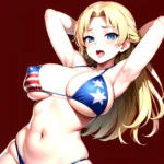 1girl American Flag Bikini Armpits Arms Behind Head Bikini Blonde Hair Blue Eyes Blush Breasts Covered Erect Nipples Flag Print, 2294477331