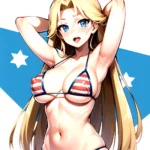 1girl American Flag Bikini Armpits Arms Behind Head Bikini Blonde Hair Blue Eyes Blush Breasts Covered Erect Nipples Flag Print, 2323132750