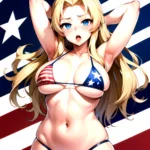 1girl American Flag Bikini Armpits Arms Behind Head Bikini Blonde Hair Blue Eyes Blush Breasts Covered Erect Nipples Flag Print, 2357072791
