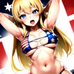 1girl American Flag Bikini Armpits Arms Behind Head Bikini Blonde Hair Blue Eyes Blush Breasts Covered Erect Nipples Flag Print, 2441965761
