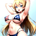 1girl American Flag Bikini Armpits Arms Behind Head Bikini Blonde Hair Blue Eyes Blush Breasts Covered Erect Nipples Flag Print, 2451256952