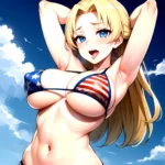1girl American Flag Bikini Armpits Arms Behind Head Bikini Blonde Hair Blue Eyes Blush Breasts Covered Erect Nipples Flag Print, 2607662149
